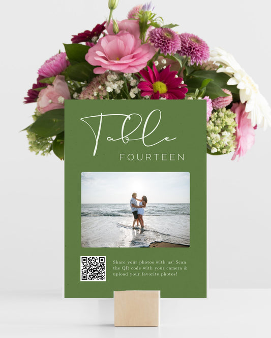 Modern Wedding Photo QR Code Sign with Table Number