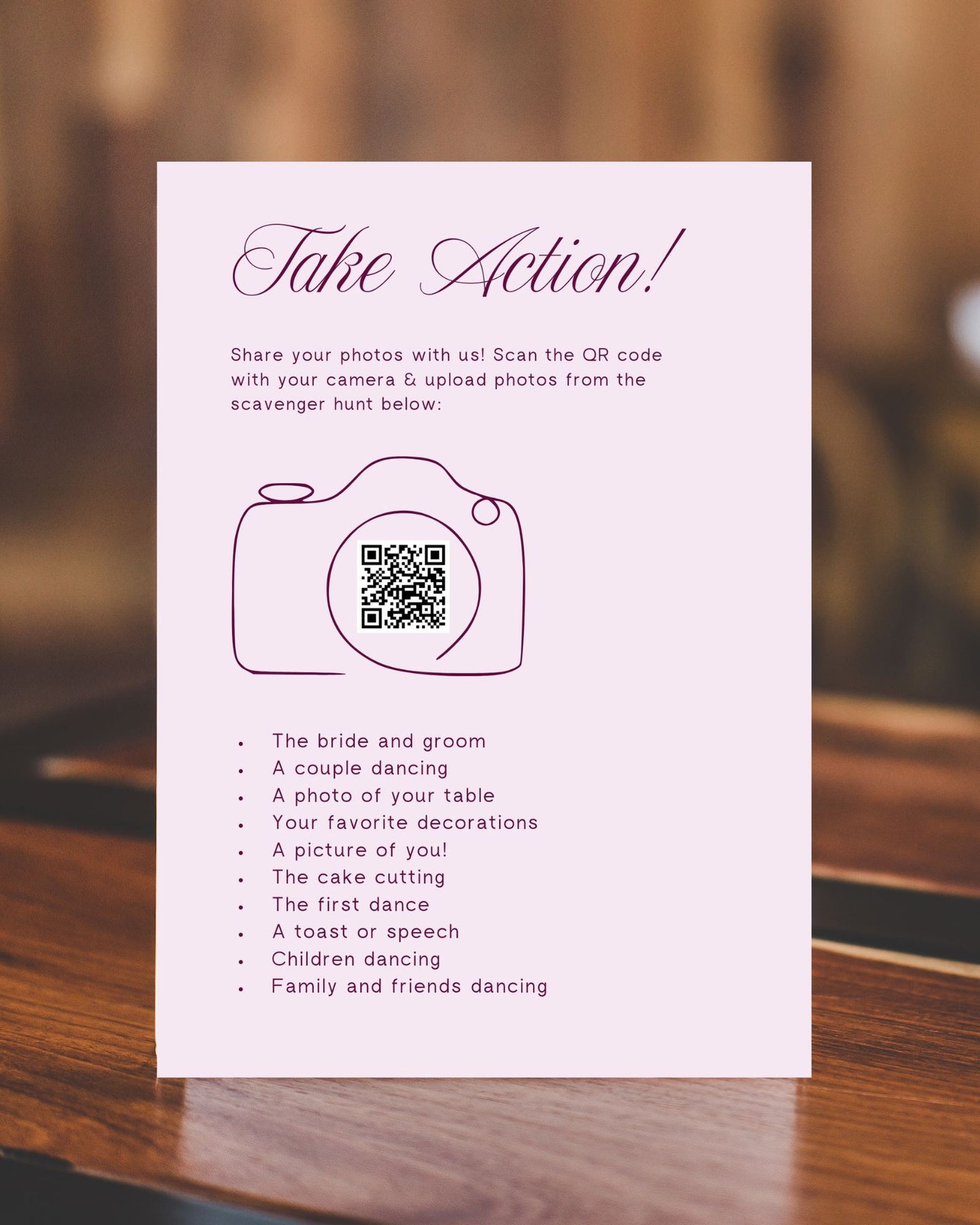 Snap & Share: Wedding Photo Scavenger Hunt QR Code Sign