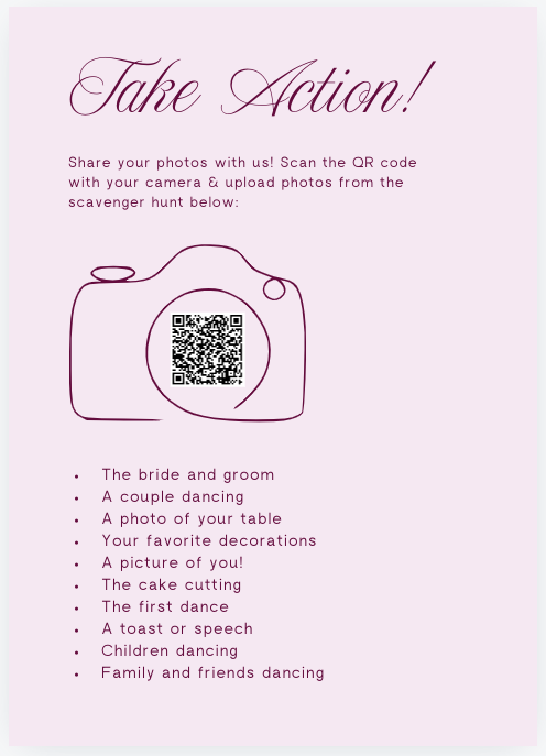 Snap & Share: Wedding Photo Scavenger Hunt QR Code Sign